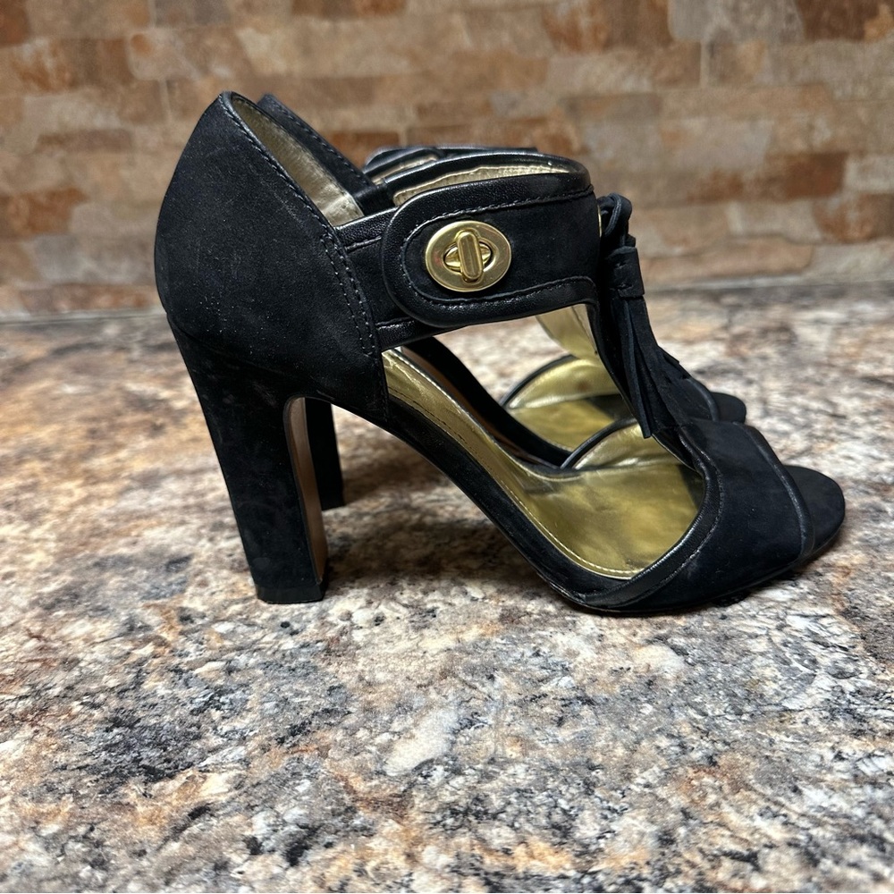 Coach kiss lock Peep Toe Elegant Black Tassel Heels - Picture 2 of 7